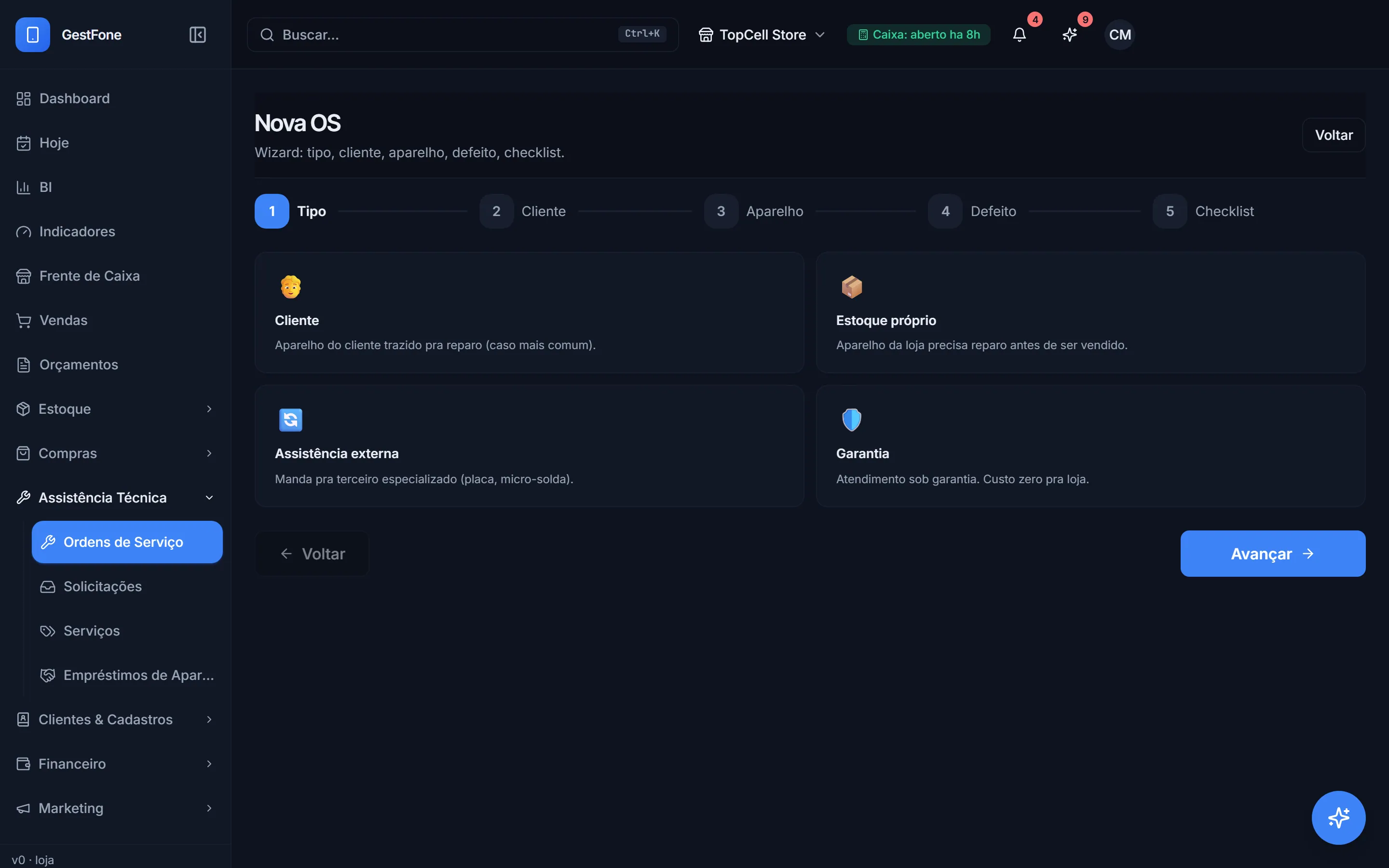 Assistente de abertura de ordem de serviço