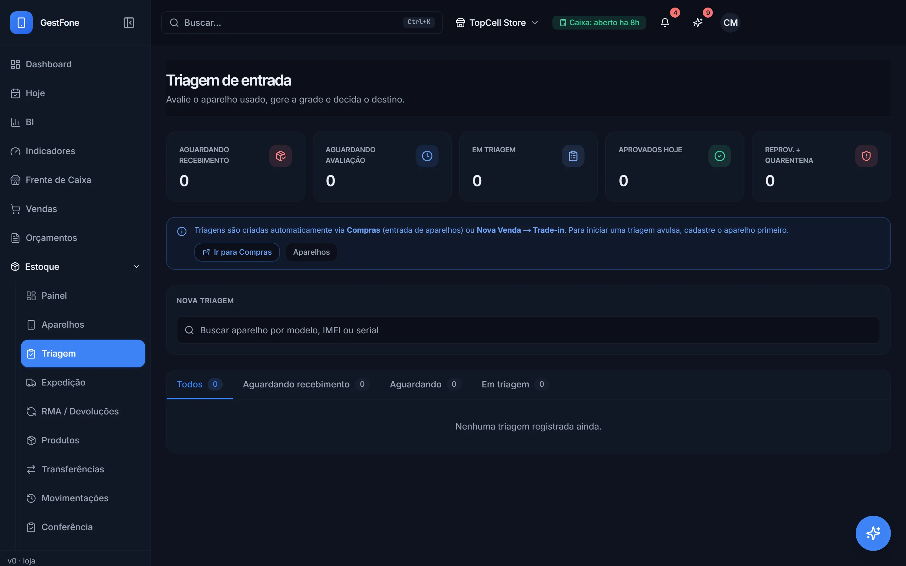 Triagem de entrada com o defeito informado e a etapa de cada aparelho