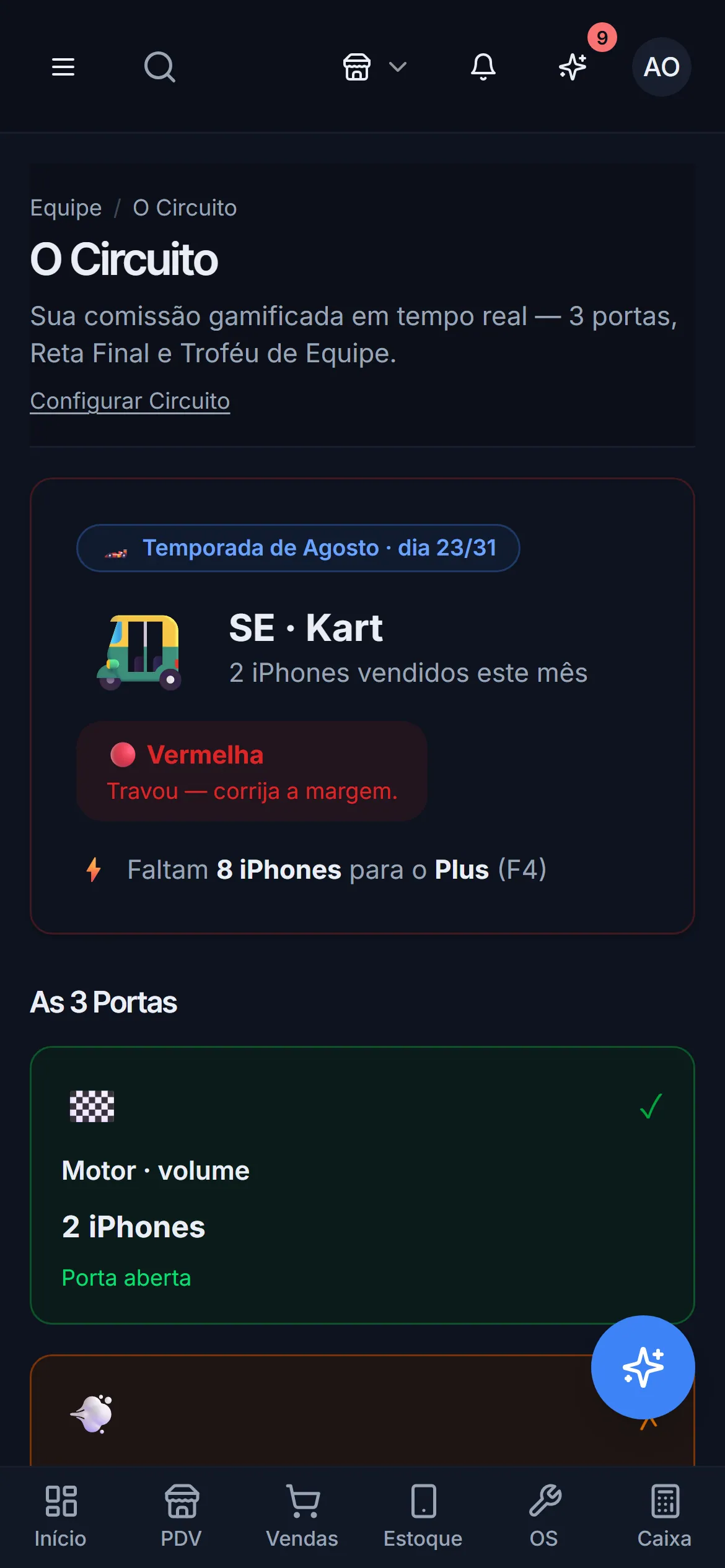 O Circuito no celular do vendedor, com as três portas