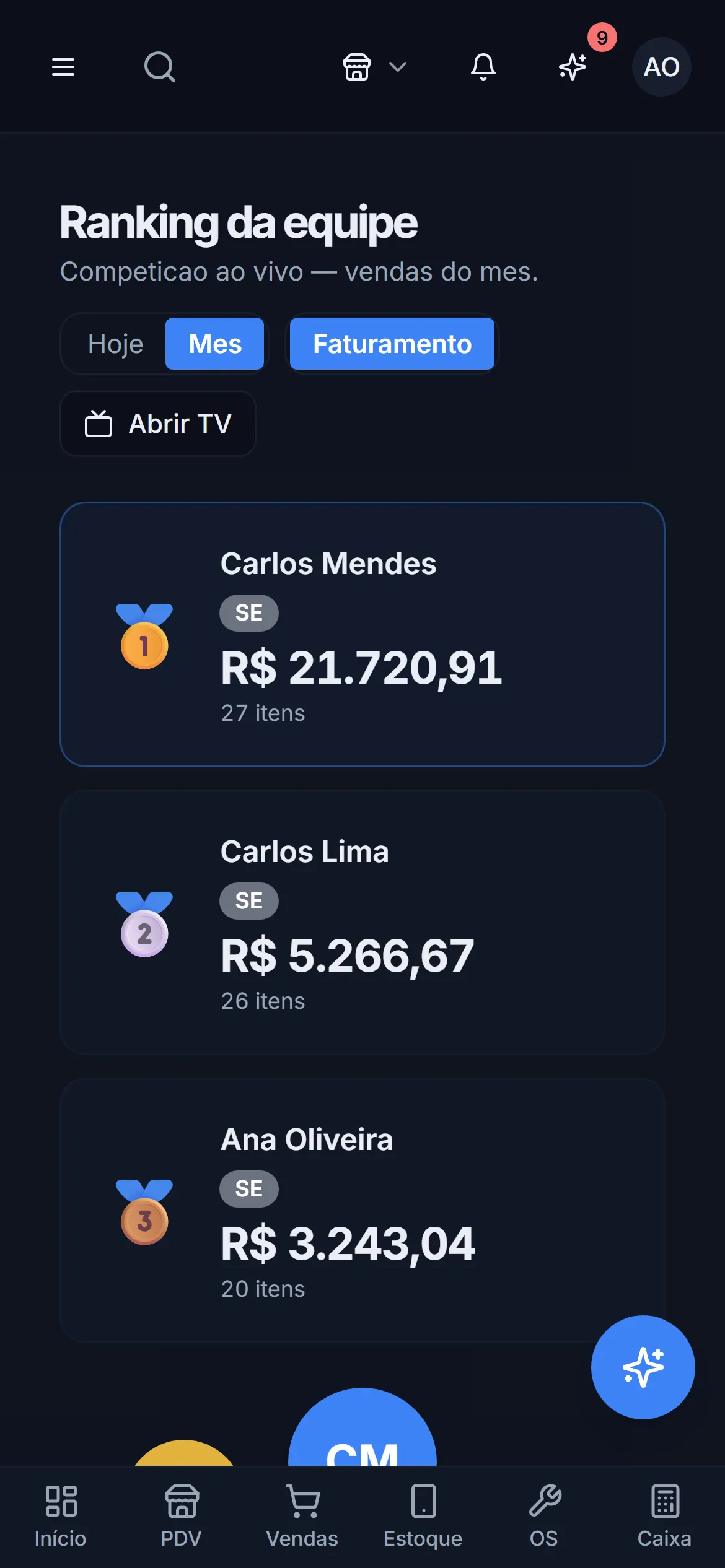 Ranking da equipe no celular