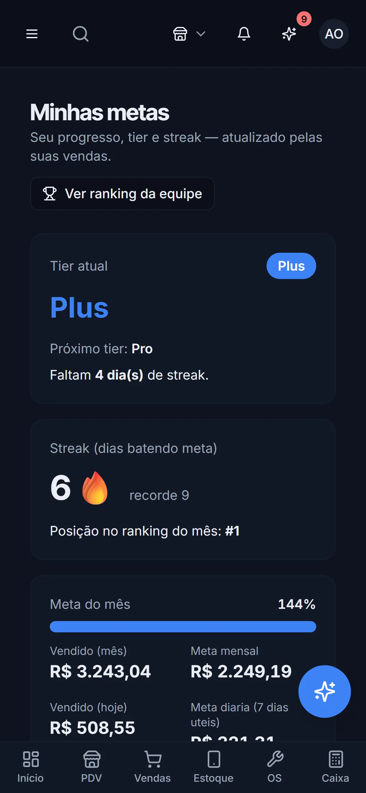 Painel de metas do vendedor no celular