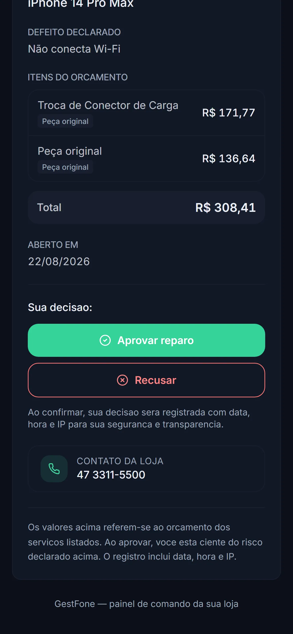 Página pública da ordem de serviço no celular do cliente, com o orçamento e os botões de aprovar ou recusar