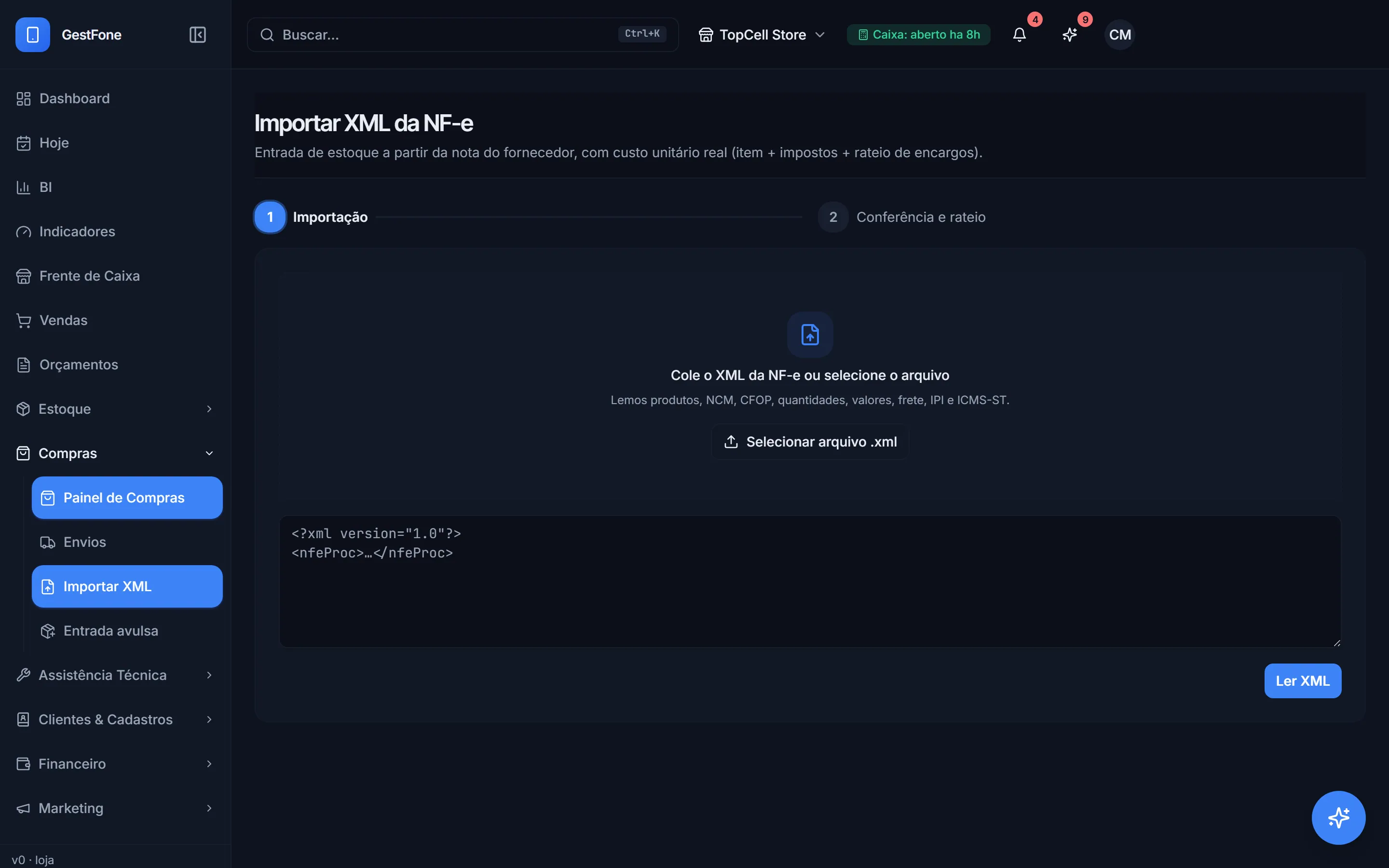 Importação da nota do fornecedor por arquivo XML