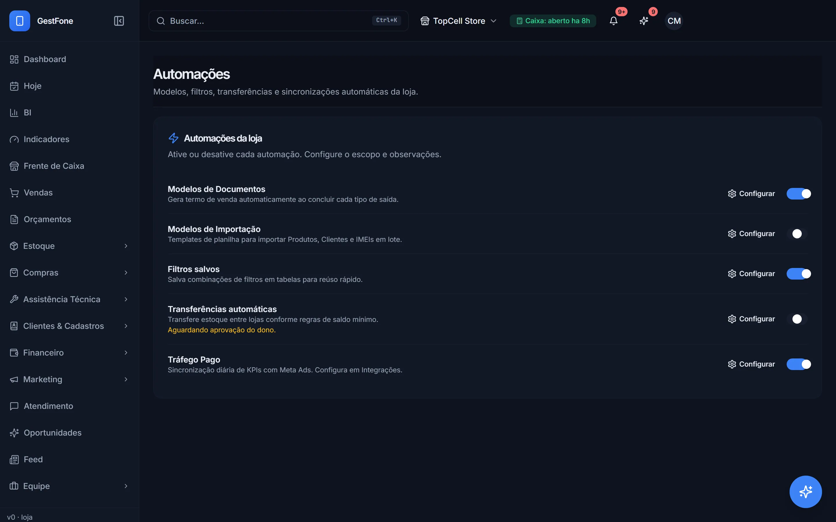 Automações da loja