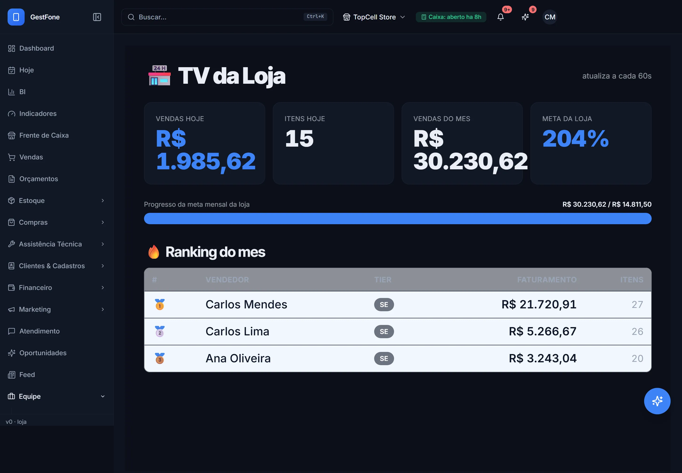 Modo TV para o painel da loja
