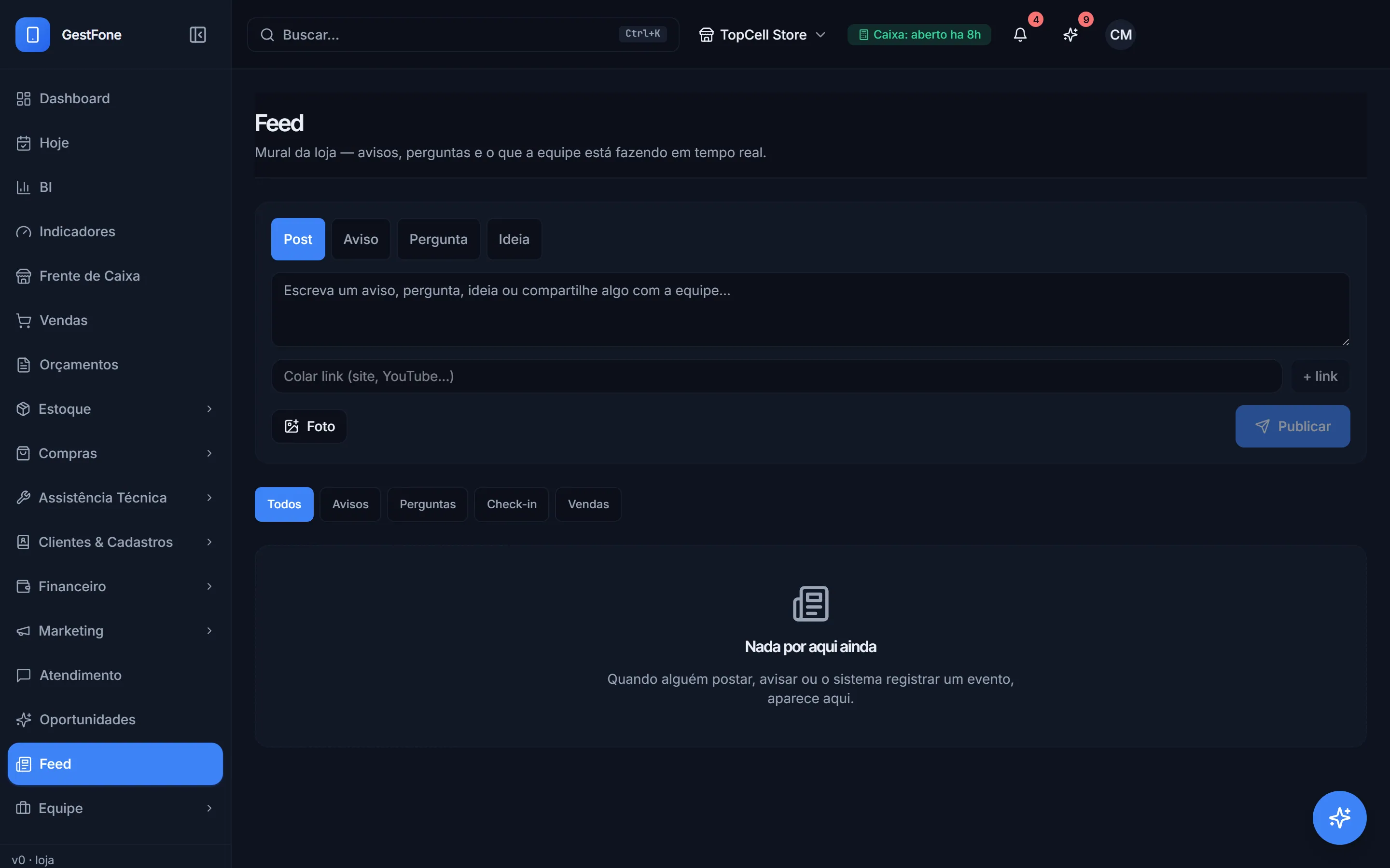 Feed de eventos da loja