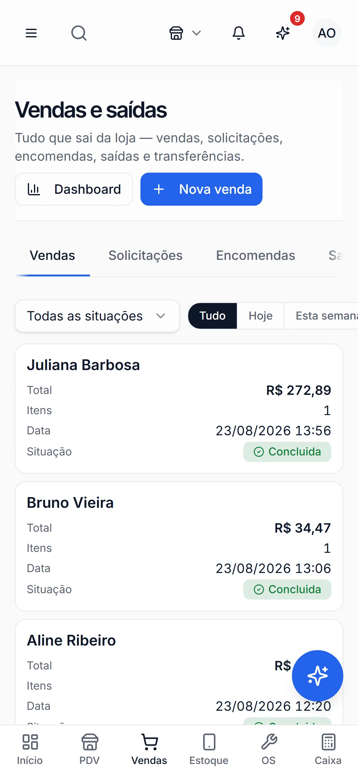 Interface do GestFone no celular, mostrando a operação da loja em tela pequena.